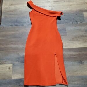 NBD orange bodycon one shoulder split skirt cocktail dress 🔥